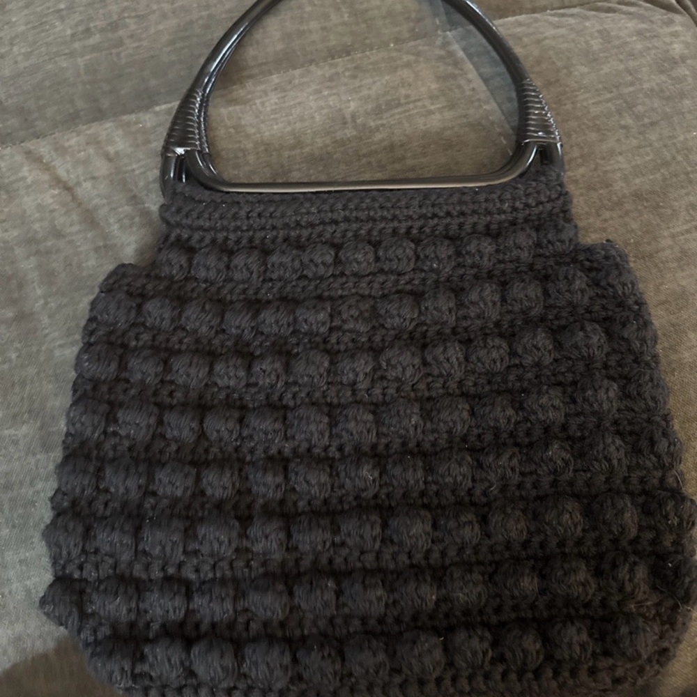 Vintage 50’s 60’s Black Acrylic Lucite Handle Bubble Crochet Knit Handbag